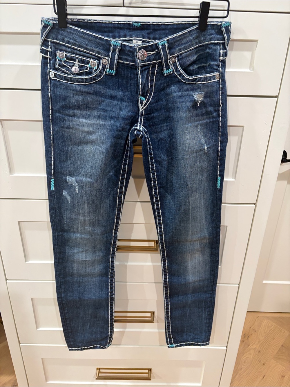 True Religion Women's Dark Blue Skinny Jeans with Contrast Stitching